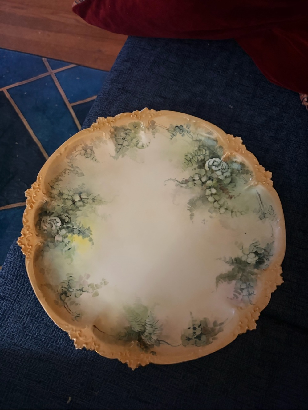Antique GDA Limoges Hand-Painted Floral Decorative Plate in Cream and Green